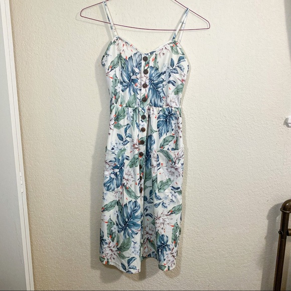 Yellow tropical midi dress with buttons - Picture 3 of 8